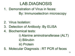 13
LAB.DIAGNOSIS
1. Demonstration of Virus in feces:
By: Immunoelectron microscopy
2. Virus Isolation:
3. Detection of Antibody :By ELISA
4. Biochemical tests:
i) Alanine aminotransferase (ALT)
ii) Bilirubin
iii) Protein
5. Molecular Diagnosis : RT PCR of feces
 