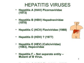 3
HEPATITIS VIRUSES
• Hepatitis A (HAV) Picornaviridae
(1973)
• Hepatitis B (HBV) Hepadnaviridae
(1970)
• Hepatitis C (HCV) Flaviviridae (1988)
• Hepatitis D (HDV) ? (1977)
• Hepatitis E (HEV) (Caliciviridae)
(1983), Hepeviridae
• Hepatitis F – Not separate entity –
Mutant of B Virus.
 