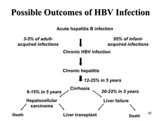 35
Possible Outcomes of HBV InfectionPossible Outcomes of HBV Infection
Acute hepatitis B infection
Chronic HBV infection
3-5% of adult-
acquired infections
95% of infant-
acquired infections
Cirrhosis
Chronic hepatitis
12-25% in 5 years
Liver failureHepatocellular
carcinoma
Liver transplant
6-15% in 5 years 20-23% in 5 years
DeathDeath
 