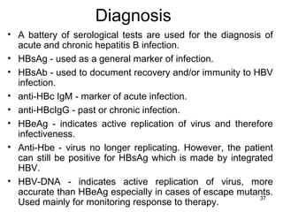 37
Diagnosis
• A battery of serological tests are used for the diagnosis of
acute and chronic hepatitis B infection.
• HBsAg - used as a general marker of infection.
• HBsAb - used to document recovery and/or immunity to HBV
infection.
• anti-HBc IgM - marker of acute infection.
• anti-HBcIgG - past or chronic infection.
• HBeAg - indicates active replication of virus and therefore
infectiveness.
• Anti-Hbe - virus no longer replicating. However, the patient
can still be positive for HBsAg which is made by integrated
HBV.
• HBV-DNA - indicates active replication of virus, more
accurate than HBeAg especially in cases of escape mutants.
Used mainly for monitoring response to therapy.
 