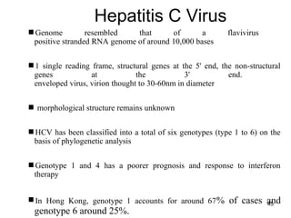 45
Hepatitis C Virus
Genome resembled that of a flavivirus
positive stranded RNA genome of around 10,000 bases
1 single reading frame, structural genes at the 5' end, the non-structural
genes at the 3' end.
enveloped virus, virion thought to 30-60nm in diameter
 morphological structure remains unknown
HCV has been classified into a total of six genotypes (type 1 to 6) on the
basis of phylogenetic analysis
Genotype 1 and 4 has a poorer prognosis and response to interferon
therapy
In Hong Kong, genotype 1 accounts for around 67% of cases and
genotype 6 around 25%.
 