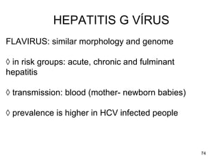 74
HEPATITIS G VÍRUS
FLAVIRUS: similar morphology and genome
◊ in risk groups: acute, chronic and fulminant
hepatitis
◊ transmission: blood (mother- newborn babies)
◊ prevalence is higher in HCV infected people
 