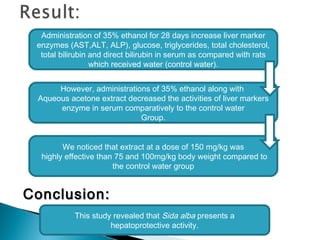 Conclusion:Conclusion:
Administration of 35% ethanol for 28 days increase liver marker
enzymes (AST,ALT, ALP), glucose, triglycerides, total cholesterol,
total bilirubin and direct bilirubin in serum as compared with rats
which received water (control water).
However, administrations of 35% ethanol along with
Aqueous acetone extract decreased the activities of liver markers
enzyme in serum comparatively to the control water
Group.
We noticed that extract at a dose of 150 mg/kg was
highly effective than 75 and 100mg/kg body weight compared to
the control water group
This study revealed that Sida alba presents a
hepatoprotective activity.
 