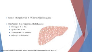  Rara en edad pediátrica  10% de las hepatitis agudas.
 Clasificación de la Hepatotoxicidad (duración)
 Hiperaguda  <7 días
 Aguda  8 a 28 días
 Subaguda  4 a 12 semanas
 Crónica  > 12 semanas.
The NASPGHAN Fellows Concise Review of Pediatric Gastroenterology, Hepatology and Nutrition, pg 327- 29.
 