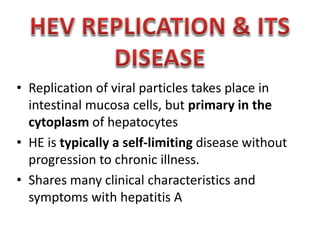 • Replication of viral particles takes place in
intestinal mucosa cells, but primary in the
cytoplasm of hepatocytes
• HE is typically a self-limiting disease without
progression to chronic illness.
• Shares many clinical characteristics and
symptoms with hepatitis A

 