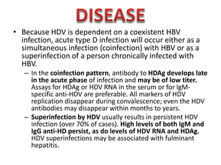 • Because HDV is dependent on a coexistent HBV
infection, acute type D infection will occur either as a
simultaneous infection (coinfection) with HBV or as a
superinfection of a person chronically infected with
HBV.
– In the coinfection pattern, antibody to HDAg develops late
in the acute phase of infection and may be of low titer.
Assays for HDAg or HDV RNA in the serum or for IgMspecific anti-HDV are preferable. All markers of HDV
replication disappear during convalescence; even the HDV
antibodies may disappear within months to years.
– Superinfection by HDV usually results in persistent HDV
infection (over 70% of cases). High levels of both IgM and
IgG anti-HD persist, as do levels of HDV RNA and HDAg.
HDV superinfections may be associated with fulminant
hepatitis.

 