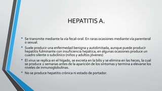 HEPATITIS A.
• Se transmite mediante la vía fecal-oral. En raras ocasiones mediante vía parenteral
o sexual.
• Suele producir una enfermedad benigna y autolimitada, aunque puede producir
hepatitis fulminante con insuficiencia hepática; en algunas ocasiones produce un
cuadro silente o subclínico (niños y adultos jóvenes)
• El virus se replica en el hígado, se excreta en la bilis y se elimina en las heces, la cual
se produce 2 semanas antes de la aparición de los síntomas y termina a elevarse los
niveles de inmunoglobulinas.
• No se produce hepatitis crónica ni estado de portador.
 
