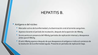 HEPATITIS B.
• Antígeno e del núcleo:
• Marcador activo de la enfermedad y la diseminación viral al torrente sanguíneo.
• Aparece durante el período de incubación, después de la aparición de HBsAg.
• Se encuentra en presencia del HBsAg (períodos de replicación intensa) y desaparece
antes que el HBsAg.
• El anti-HBeAg aparece después de que desaparece el antígeno e indica el comienzo de
la resolución de la enfermedad aguda. Presente en períodos de replicación baja.
 