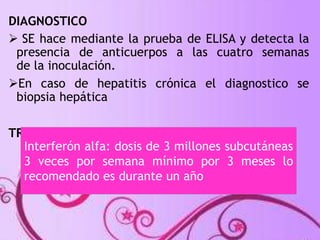 DIAGNOSTICO 
 SE hace mediante la prueba de ELISA y detecta la 
presencia de anticuerpos a las cuatro semanas 
de la inoculación. 
En caso de hepatitis crónica el diagnostico se 
biopsia hepática 
TRATAMIENTO 
Interferón alfa: dosis de 3 millones subcutáneas 
3 veces por semana mínimo por 3 meses lo 
recomendado es durante un año 
 
