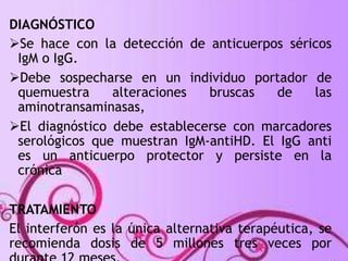 DIAGNÓSTICO 
Se hace con la detección de anticuerpos séricos 
IgM o IgG. 
Debe sospecharse en un individuo portador de 
quemuestra alteraciones bruscas de las 
aminotransaminasas, 
El diagnóstico debe establecerse con marcadores 
serológicos que muestran IgM-antiHD. El IgG anti 
es un anticuerpo protector y persiste en la 
crónica 
TRATAMIENTO 
El interferón es la única alternativa terapéutica, se 
recomienda dosis de 5 millones tres veces por 
durante 12 meses, 
 