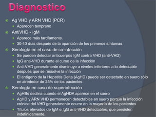  Ag VHD y ARN VHD (PCR)
 Aparecen temprano
 AntiVHD - IgM
 Aparece más tardíamente.
 30-40 días después de la aparición de los primeros síntomas
 Serología en el caso de co-infección
 Se pueden detectar anticuerpos IgM contra VHD (anti-VHD)
 IgG anti-VHD durante el curso de la infección
 Anti-VHD generalmente disminuye a niveles inferiores a lo detectable
después que se resuelve la infección
 El antígeno de la Hepatitis Delta (AgHD) puede ser detectado en suero sólo
en alrededor de 25% de los pacientes
 Serología en caso de superinfección
 AgHBs declina cuando el AgHDA aparece en el suero
 AgHD y ARN VHD permanecen detectables en suero porque la infección
crónica del VHD generalmente ocurre en la mayoría de los pacientes
 Títulos elevados de IgM e IgG anti-VHD detectables, que persisten
indefinidamente.
 