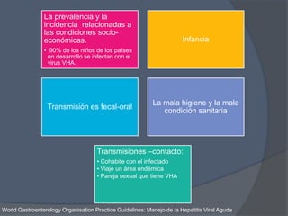 La prevalencia y la
incidencia relacionadas a
las condiciones socio-
económicas.
• 90% de los niños de los países
en desarrollo se infectan con el
virus VHA.
Infancia
Transmisión es fecal-oral
La mala higiene y la mala
condición sanitaria
Transmisiones –contacto:
• Cohabite con el infectado
• Viaje un área endémica
• Pareja sexual que tiene VHA
World Gastroenterology Organisation Practice Guidelines: Manejo de la Hepatitis Viral Aguda
 