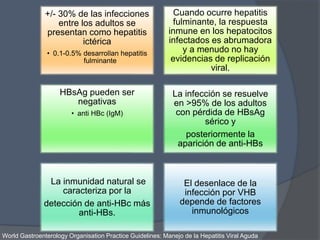 +/- 30% de las infecciones
entre los adultos se
presentan como hepatitis
ictérica
• 0.1-0.5% desarrollan hepatitis
fulminante
Cuando ocurre hepatitis
fulminante, la respuesta
inmune en los hepatocitos
infectados es abrumadora
y a menudo no hay
evidencias de replicación
viral.
HBsAg pueden ser
negativas
• anti HBc (IgM)
La infección se resuelve
en >95% de los adultos
con pérdida de HBsAg
sérico y
posteriormente la
aparición de anti-HBs
La inmunidad natural se
caracteriza por la
detección de anti-HBc más
anti-HBs.
El desenlace de la
infección por VHB
depende de factores
inmunológicos
World Gastroenterology Organisation Practice Guidelines: Manejo de la Hepatitis Viral Aguda
 
