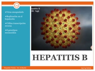 29


 Virus encapsulado

 Replicación en el
 hepatocito

 Utiliza transcripción
 reversa

 8 genotipos
 reconocidos




                                   HEPATITIS B
Hepatitis Virales - Dr. H.Martín            04/14/2013
 