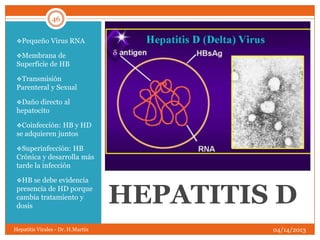 46


 Pequeño Virus RNA

 Membrana de
 Superficie de HB

 Transmisión
 Parenteral y Sexual

 Daño directo al
 hepatocito

 Coinfección: HB y HD
 se adquieren juntos

 Superinfección: HB
 Crónica y desarrolla más
 tarde la infección

 HB se debe evidencia
 presencia de HD porque
 cambia tratamiento y
 dosis
                                   HEPATITIS D
Hepatitis Virales - Dr. H.Martín            04/14/2013
 