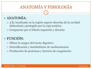 ANATOMÍA Y FISIOLOGÍA
                                   5

 ANATOMÍA:
   3 lb, localizado en la región supero-derecha de la cavidad
    abdominal y protegido por la caja torácica
   Compuesto por el lóbulo izquierdo y derecho



 FUNCIÓN:
   Filtrar la sangre del tracto digestivo

   Detoxificación y metabolismo de medicamentos

   Producción de proteínas y factores de coagulación




Hepatitis Virales - Dr. H.Martín                            04/14/2013
 