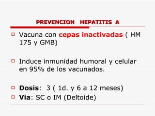 PREVENCION  HEPATITIS  A Vacuna con  cepas inactivadas  ( HM 175 y GMB) Induce inmunidad humoral y celular en 95% de los vacunados.  Dosis :  3 ( 1d. y 6 a 12 meses) Via : SC o IM (Deltoide) 