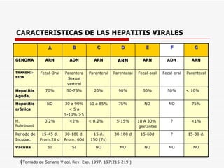CARACTERISTICAS DE LAS HEPATITIS VIRALES ( Tomado de Soriano V col. Rev. Esp. 1997. 197:215-219 ) NO NO NO NO NO SI SI Vacuna 15-30 d. ? 15-60d 30-180 d 15 d. 150 (7s) 30-180 d. Prom: 60d 15-45 d. Prom:28 d Periodo de Incubac. <1% ? 10 A 30% gestantes  5-15% < 0.2% <2% 0.2% H. Fulminant 75% NO NO 75% 60 a 85% 30 a 90% < 5 a 5-10% >5 NO Hepatitis crónica < 10% 50% 50% 90% 20% 50-75% 70% Hepatitis Aguda,  Parenteral Fecal-oral Fecal-oral Parenteral Parenteral Parentera Sexual vertical Fecal-Oral TRANSMI- SION ARN ADN ARN ARN ARN ADN ARN GENOMA G F E D C B A 