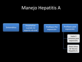 Manejo Hepatitis A
Sintomático
Hospitalizar
cuando no
soporta vía oral
Profilaxis Pre
exposición
Profilaxis post
exposición
hasta 2
semanas post
exposición;
Dosis única
de Vacuna
Hepatitis A.
 