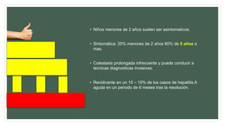 • Niños menores de 2 años suelen ser asintomaticos.
• Sintomática: 20% menores de 2 años 80% de 5 años o
mas.
• Colestasis prolongada infrecuente y puede conducir a
tecnicas diagnosticas invasivas.
• Recidivante en un 10 – 15% de los casos de hepatitis A
aguda en un periodo de 6 meses tras la resolución.
 