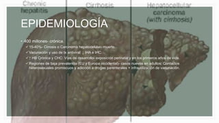 EPIDEMIOLOGÍA
• 400 millones- crónica.
15-40%- Cirrosis o Carcinoma hepatocelular- muerte.
Vacunación y uso de tx antiviral: ↓ IHA e IHC.
↑ HB Crónica y CHC: Vías de desarrollo- exposición perinatal y en los primeros años de vida.
Regiones de baja prevalencia (EU y Europa occidental)- casos nuevos en adultos: Contactos
heterosexuales promiscuos y adicción a drogas parenterales + infrautilización de vacunación.
 