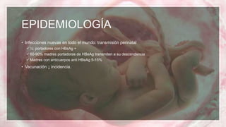 EPIDEMIOLOGÍA
• Infecciones nuevas en todo el mundo: transmisión perinatal
½: portadores con HBsAg +
60-90% madres portadoras de HBeAg transmiten a su descendencia
Madres con anticuerpos anti HBeAg 5-15%
• Vacunación ↓ incidencia.
 