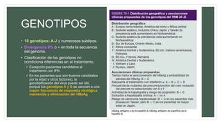 GENOTIPOS
• 10 genotipos: A-J y numerosos subtipos.
• Divergencia 8% o + en toda la secuencia
del genoma.
• Clasificación de los genotipos no
condiciona diferencias en el tratamiento.
 Excepción:pacientes candidatos al
tratamiento con IFN.
 En los pacientes que son buenos candidatos
por la edad y otros factores), la
genotipificación del virus puede ser útil,
porque los genotipos A y B se asocian a una
mayor frecuencia de respuesta virológica
mantenida y eliminación del HBsAg
 