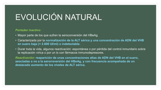 EVOLUCIÓN NATURAL
Portador inactivo:
• Mayor parte de los que sufren la seroconversión del HBeAg.
• Caracterizada por la normalización de la ALT sérica y una concentración de ADN del VHB
en suero baja (< 2.000 UI/ml) o indetectable.
• Durar toda la vida, algunos reactivación: espontánea o por pérdida del control inmunitario sobre
la replicación vírica o por un tx con fármacos inmunodepresores.
Reactivación: reaparición de unas concentraciones altas de ADN del VHB en el suero,
asociadas o no a la serorreversión del HBeAg, y con frecuencia acompañada de un
destacado aumento de los niveles de ALT sérica.
 