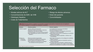 Selección del Farmaco
• Niveles séricos de ALT
• Concentraciones de ADN de VHB
• Histología Hepática
• Costo de Tratamientos
• Riesgo de efectos adversos
• Edad del paciente
• Comorbilidades
 