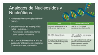 Analogos de Nucleosidos y
Nucleótidos
• Pacientes no tratados previamente
(naive).
• Seroconversión del HBeAg lenta
(años - indefinido):
• Ausencia de efectos secundarios
• Buen perfil de resistencia.
• 15 – 20% sufren recaida al año de
suspender el tratamiento: mantener
6 meses tras seroconversión.
ADN SEROCONVERSIÓN
70 – 85% negativizan ADN de
VHB durante el primer año
Solo un 20 – 25% tiene
seroconversión al primer año
85 – 95% al segundo año 40% a los 5 años (con apego y
sin resistencia)
Un pequeño grupo permanece
con ADN a pesar de respuesta
clínica y bioquímica.
Se requiere tratamiento a largo
plazo o de mantenimiento en
HBeAg negativos por alta
frecuencia de recaidas.
 
