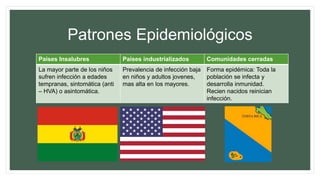 Patrones Epidemiológicos
Paises Insalubres Paises industrializados Comunidades cerradas
La mayor parte de los niños
sufren infección a edades
tempranas, sintomática (anti
– HVA) o asintomática.
Prevalencia de infección baja
en niños y adultos jovenes,
mas alta en los mayores.
Forma epidémica: Toda la
población se infecta y
desarrolla inmunidad.
Recien nacidos reinician
infección.
 