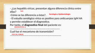 - ¿Las hepatitis víricas, presentan alguna diferencia clínica entre
ellas?
-Cómo se las diferencia a éstas?.
- El estudio serológico vírico es positivo para anticuerpos IgM HA
y permite establecer el diagnostico.
Por tanto, el diagnostico final del paciente es:
……………………………………………………………………
Cual fue el mecanismo de transmisión?
……………………………………………………………………..
NO
Serologia y Epidemiologia
HEPATITIS A
FECAL/ORAL
 