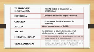 PERIODO DE
INCUBACIÓN
ICTERICIA
COLURIA
ACOLIA
ASCITIS
HEPATOMEGALIA La hepatomegalia es el agrandamiento anormal del
hígado más allá de su tamaño habitual
TRANSAMINASAS
también conocidas como aminotransferasas, son
enzimas que juegan un papel fundamental en el
metabolismo de los aminoácidos en el organismo
TIEMPO EN QUE SE DESARROLLA LA
ENFERMEDAD
Coloracion amarillenta de piel y mucosas
Orina oscura, debido al aumento de
bilirrubina
Heces blancas , ausencia de bilis
La ascitis es la acumulación anormal
de líquido en la cavidad peritoneal
 