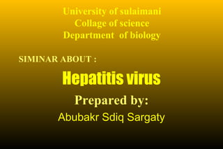University of sulaimani
          Collage of science
        Department of biology

SIMINAR ABOUT :

        Hepatitis virus
          Prepared by:
       Abubakr Sdiq Sargaty
 