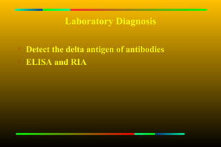 Laboratory Diagnosis


    Detect the delta antigen of antibodies

    ELISA and RIA
 