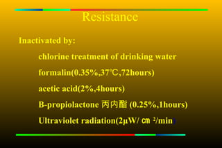 Resistance
Inactivated by:
     chlorine treatment of drinking water
     formalin(0.35%,37℃ ,72hours)
     acetic acid(2%,4hours)
     B-propiolactone 丙内酯 (0.25%,1hours)
     Ultraviolet radiation(2μW/ ㎝ 2/min)
 