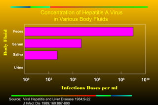 Concentration of Hepatitis A Virus
                                    in Various Body Fluids

               Feces
Body Fluid




               Serum

               Saliva


                Urine


                     100           102             104             106   108   1010
                                             Infectious Doses per ml

             Source: Viral Hepatitis and Liver Disease 1984;9-22
                     J Infect Dis 1989;160:887-890
 