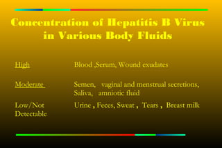Concentration of Hepatitis B Virus
     in Various Body Fluids

High         Blood ,Serum, Wound exudates  

Moderate     Semen,   vaginal and menstrual secretions,  
             Saliva,   amniotic fluid
Low/Not      Urine , Feces, Sweat ,  Tears , Breast milk
Detectable
 