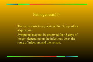 Pathogenesis(1)

   The virus starts to replicate within 3 days of its
    acquisition,

    Symptoms may not be observed for 45 days of
    longer, depending on the infectious dose, the
    route of infection, and the person.
 