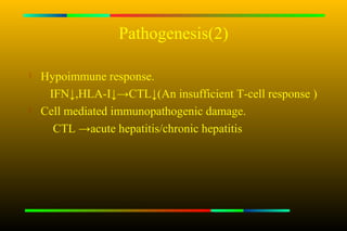 Pathogenesis(2)

   Hypoimmune response.
     IFN↓,HLA-I↓→CTL↓(An insufficient T-cell response )
   Cell mediated immunopathogenic damage.
      CTL →acute hepatitis/chronic hepatitis
 