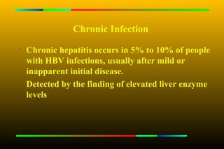 Chronic Infection

    Chronic hepatitis occurs in 5% to 10% of people
    with HBV infections, usually after mild or
    inapparent initial disease.
   Detected by the finding of elevated liver enzyme
    levels
 