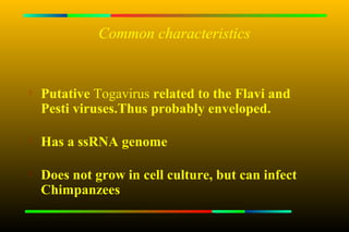 Common characteristics


   Putative Togavirus related to the Flavi and
    Pesti viruses.Thus probably enveloped.


    Has a ssRNA genome

   Does not grow in cell culture, but can infect
    Chimpanzees
 