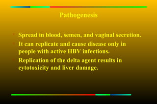Pathogenesis


    Spread in blood, semen, and vaginal secretion.

    It can replicate and cause disease only in
    people with active HBV infections.
   Replication of the delta agent results in
    cytotoxicity and liver damage.
 