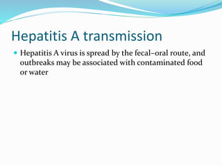 Hepatitis A transmission
 Hepatitis A virus is spread by the fecal–oral route, and
outbreaks may be associated with contaminated food
or water
 