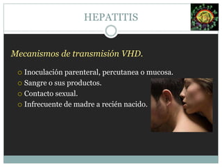 ClínicaVa desde la seroconversión asintomática.Enfermedad subagudacon ictericia, anorexia, náuseas y malestar general.Hepatitis fatal fulminante.Mayor tendencia a la forma anictérica.Esplenomegalia y adenopatías en el comienzo, sin ictericia y con transaminazas altas hasta un período de 1 – 2 meses.Puede comenzar con artritis o artralgias de grandes articulaciones acompañadas de rash cutáneo, o bien afectarse pequeñas articulaciones interfalángicas.HEPATITIS