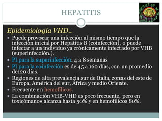 Localizaciones extrahepáticasPericarditis, glomerulonefritis, miocarditis, poliarteritisnodosa, crioglobulinemia, anemia aplástica.Evolución clínicaEnfermedad aguda con recuperación. (2 o 3 semanas )Portador crónico o hepatitis crónica 25%.Cirrosis o insuficiencia hepática 15 – 30%.HEPATITIS