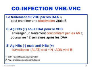 Claude EUGENE
CO-INFECTION VHB-VHC
Le traitement du VHC par les DAA 1)
1 
peut entrainer une réactivation virale B
Si Ag HBs (+) sous DAA pour le VHC
envisager un traitement concomitant par les AN 2)
poursuivre 12 semaines après les DAA
Si Ag HBs (-) mais anti-HBc (+)
surveillance : ALAT, et si > N : ADN viral B
1) DAA : agents antiviraux directs
2) AN : analogues nucléos(t)idiques
25
 