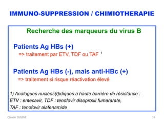 Claude EUGENE
IMMUNO-SUPPRESSION / CHIMIOTHERAPIE
Recherche des marqueurs du virus B
Patients Ag HBs (+) 
=> traitement par ETV, TDF ou TAF 1
Patients Ag HBs (-), mais anti-HBc (+) 
=> traitement si risque réactivation élevé
1) Analogues nucléos(t)idiques à haute barrière de résistance :
ETV : entecavir, TDF : tenofovir disoproxil fumararate,
TAF : tenofovir alafenamide
31
 
