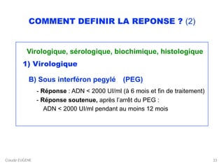 Claude EUGENE
COMMENT DEFINIR LA REPONSE ? (2)
 
Virologique, sérologique, biochimique, histologique
1) Virologique
B) Sous interféron pegylé (PEG)
- Réponse : ADN < 2000 UI/ml (à 6 mois et fin de traitement) 
- Réponse soutenue, après l’arrêt du PEG : 
ADN < 2000 UI/ml pendant au moins 12 mois
33
 