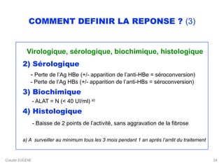 Claude EUGENE
COMMENT DEFINIR LA REPONSE ? (3)
 
Virologique, sérologique, biochimique, histologique
2) Sérologique
- Perte de l’Ag HBe (+/- apparition de l’anti-HBe = séroconversion) 
- Perte de l’Ag HBs (+/- apparition de l’anti-HBs = séroconversion)
3) Biochimique
- ALAT = N (< 40 UI/ml) a)
4) Histologique
- Baisse de 2 points de l’activité, sans aggravation de la fibrose
a) A surveiller au minimum tous les 3 mois pendant 1 an après l’arrêt du traitement
34
 